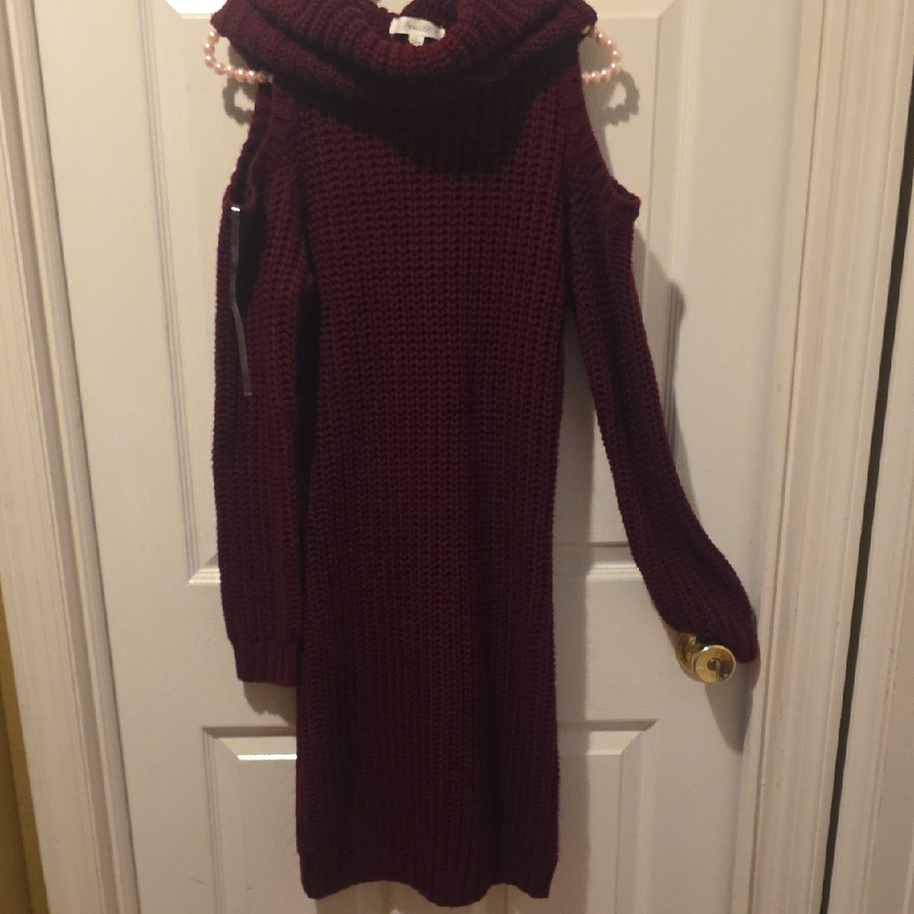 Active USA Maroon Cold Shoulder Turtleneck Sweater Dress